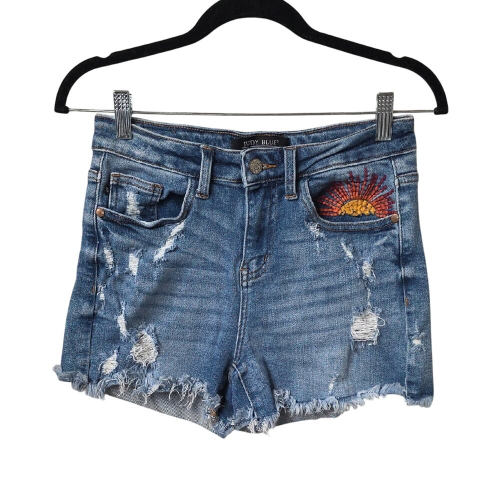 Judy Blue Distressed Denim Jean Shorts You Are My Sunshine Womens Size Small